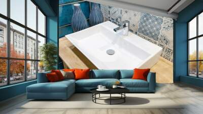 Interior of bathroom with sink basin faucet and mirror. Modern design of bathroom Wall mural