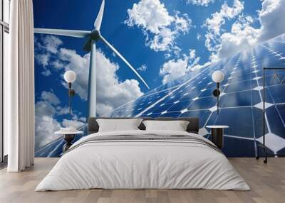 An Environment Day background showing a wind turbine and solar panels under a clear sky with puffy clouds Wall mural