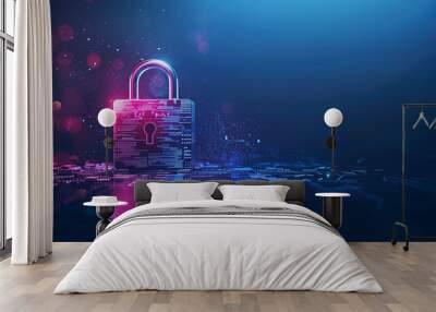 Cyber security technology for fraud prevention and privacy data network protection concept. Digital padlock for computing system on dark blue background. Wall mural