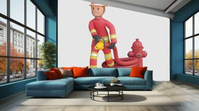 Firefighter holding water hose with red suit uniform and orange safety helmet beside fire hydrant 3d render illustration Wall mural