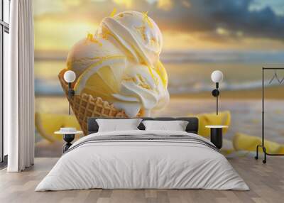 waffle cones filled with melting lemon ice cream rest on a beach with slices of lemon on top. Blue waves lap at the shore in the background. Wall mural