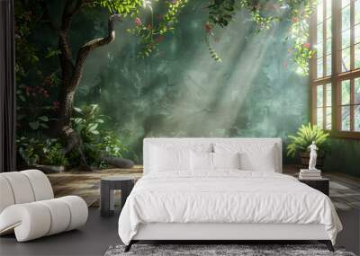 Empty wooden terrace with green wall 3d render,There are wood plank floor with tropical style tree garden background sunlight shine on the tree  Wall mural