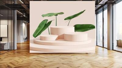 Brown product display podium with nature leaves. 3D rendering Wall mural