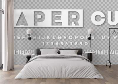 Floating paper letters and numbers of the alphabet on transparent background.Vector illustration. Wall mural