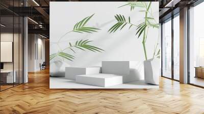 White marble product display podium with bamboo nature leaves. 3D render Wall mural