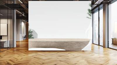 Wooden product display podium with pine tree and stone. Christmas concept. 3D rendering Wall mural