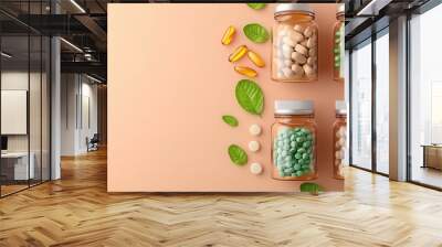 Nutritional tablets with botanical elements, natural health concept, 3D illustration Wall mural