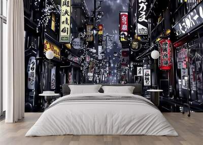 A dark, overcrowded urban area with neon signs and oppressive advertisements Wall mural