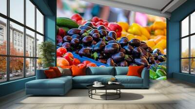 A farmers market bursting with fresh summer produce, people browsing colorful fruits and vegetables under sunny skies Wall mural