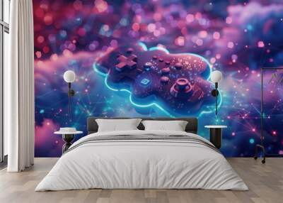 A glowing blue and pink video game controller in the clouds. Wall mural