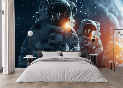 A group of astronauts working together on a space mission. They were wearing white astronaut suits. Wall mural