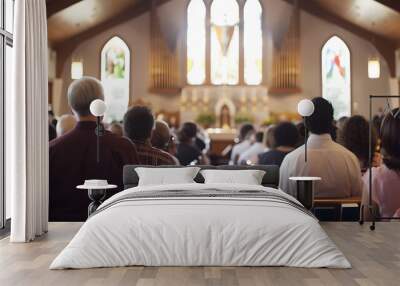 A photo of a church service on Easter Sunday, with the congregation singing hymns and celebrating the resurrection of Jesus. Wall mural