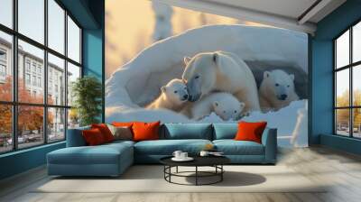 A polar bear mother nursing her cubs in a snow den, showcasing the cycle of life in the Arctic ecosystem Wall mural