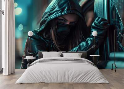 A young female burglar in a black leather hoodie and mask, breaking into a car. She wearing a black Hoodie and mask. She breaking into a car, using a crowbar to pry open the door. Wall mural