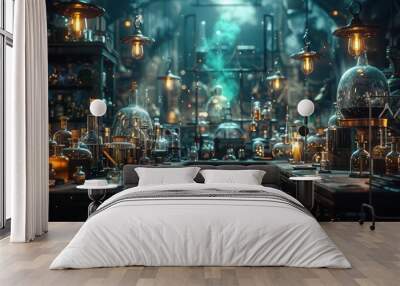 Alchemists lab with mystery, Steampunk, Dark, 3D, Highlighting magic and curiosity Wall mural