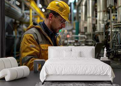 An engineer reviewing safety protocols on a laptop inside a bustling factory, captured in documentary photography style, highlighting industry standards for a technical magazine Wall mural