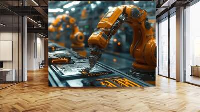 Automation with robotic arms performing tasks, futuristic style, sharp focus, bright lighting, high detail Wall mural