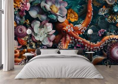 Captivating in its detail, a close-up view reveals fantastical creatures gleefully dancing amidst an enchanting underwater realm. Wall mural