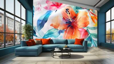 Capture intricate, vibrant floral motifs on the T-shirt, blending watercolor technique with digital rendering for a fresh and appealing look Wall mural