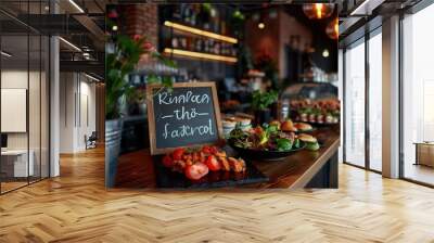 Chalkboard sign with stylish lettering, inviting and rustic, Urban, Soft hues, Photograph, Culinary detail Wall mural