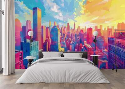 Colorful pop art cityscape, bright hues, geometric shapes, highdefinition, detailed buildings, playful design, dynamic layout, retro vibe, vibrant and lively Wall mural