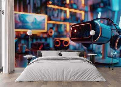 Cuttingedge technology devices in a futuristic setting, featuring a VR headset, smart speakers, and a highresolution monitor Wall mural