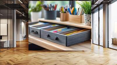 Desktop organizer with multiple drawers, filled with stationery, professional style, close-up, sharp focus, soft lighting Wall mural