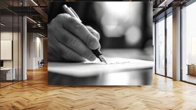 Detailed close-up of a hand holding a pen signing a contract for startup funding, marking the inception of entrepreneurial success. Wall mural