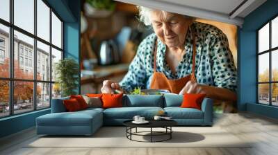 Elderly woman enjoying a nutritious meal in a cozy kitchen, emphasizing healthy eating habits, visually striking and detailed Wall mural