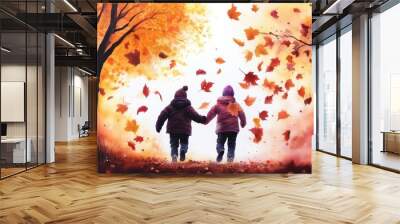 Fall family day, vibrant colors, joyful scenes, dynamic action, inviting Wall mural