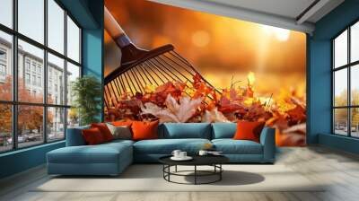 Fall leaf raking, dynamic action, vibrant colors, inviting Wall mural