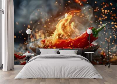 Flame-engulfed chili pepper in a culinary showdown, representing the essence of spicy food with a dramatic flair Wall mural