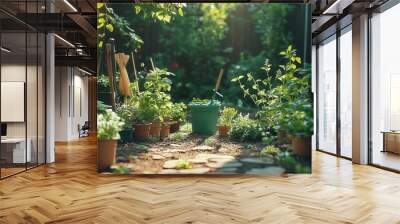 Gardening with plants and tools in a backyard, green style, sharp focus, bright lighting, high detail Wall mural