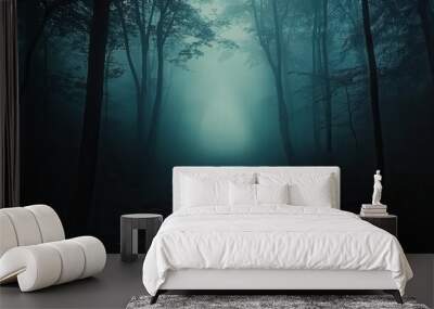 Haunted forest walk with fog and eerie lighting, set in a dark forest, spooky style, wide shot, soft lighting, high contrast Wall mural