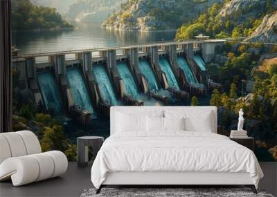 Illustrate a digital twin of a large dam, monitoring water levels, structural stability, and environmental conditions Wall mural