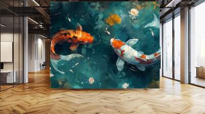 Illustration of a mystical garden pond where koi fish swim in a pattern that reflects the timeless principle of Yin Yang, symbolizing harmony Wall mural