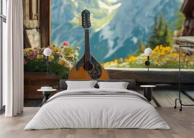 Mandolin being strummed on a rustic porch, with mountains in the distance, Cozy, Warm, Detailed Wall mural