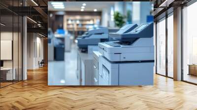 Office equipment setup with printers, copiers, and computers, tech-savvy style, sharp focus, high detail Wall mural