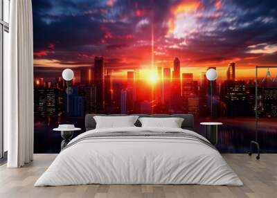 Photorealistic cityscape silhouette, sunrise over a bustling city, tall skyscrapers casting long shadows, highresolution, rich colors, lifelike details Wall mural