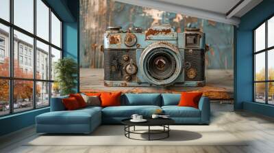 Retro camera on a rustic table, nostalgic and intricate, Urban, Soft tones, Photograph, Photography heritage Wall mural