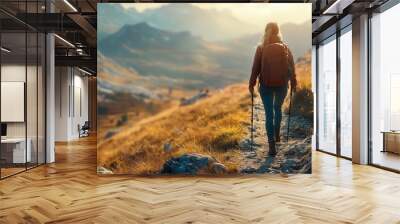 Solo hiking adventure with a person on a mountain trail, scenic landscape, sharp focus, bright lighting Wall mural