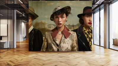 Three Asian models with vintage hats and clothes pose in front of a painted floral background. Wall mural