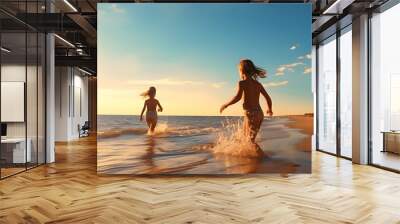 Two children in swimsuits are playing on the beach, with small waves and beautiful blue sky. The sunlight in the evening, Generative AI Wall mural