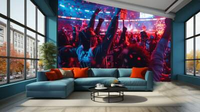 Vibrant scene of a cheering crowd at an American football night game, with fans holding signs and LED lights, creating a festive atmosphere Wall mural