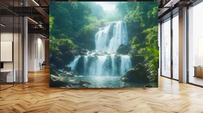 Waterfall cascading over rocky cliffs in a tropical forest, lush greenery, sharp focus, bright lighting, high detail Wall mural