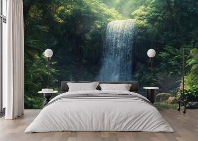 Waterfall in a tropical forest, lush greenery, cascading water, natural setting, sharp focus, high detail Wall mural