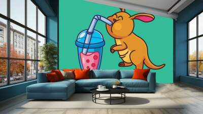 cute cartoon kangaroo drinking bubble tea. isolated cartoon animal illustration vector Wall mural