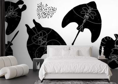 Stingrays, black silhouettes of marine animals. Grunge monochrome texture in linocut style. Vector set of elements. Wall mural