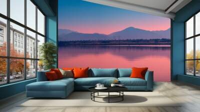 Daegu City sunset landscape with mountains reflected on the Nakdong River, South Korea Wall mural