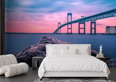 Dramatic beautiful sunset landscape over Jamestown Verrazzano Bridge and Narragansett Bay in North Kingstown, Rhode Island Wall mural